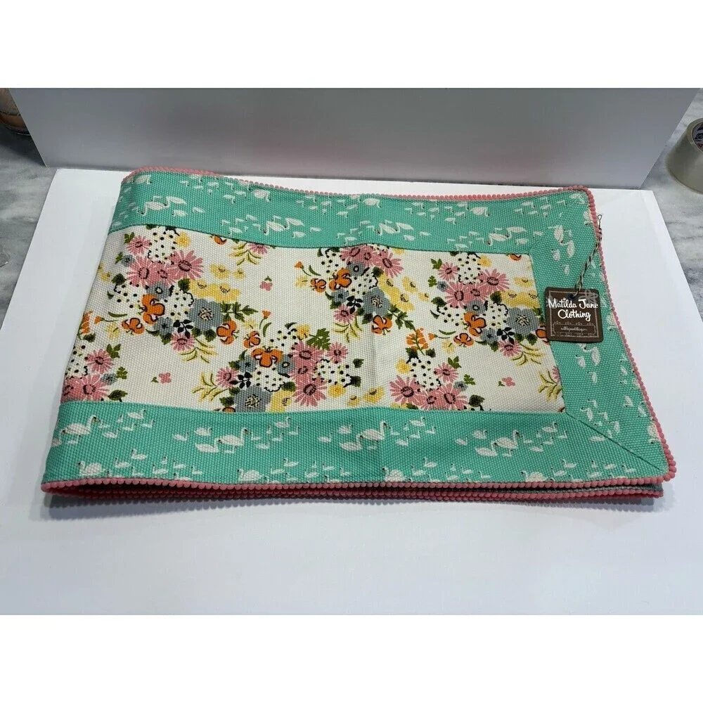 Matilda Jane Feathered Friend Table Runner Floral Aqua Stipe 88” X 13.5” Cotton
